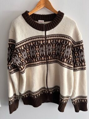 Cream and Brown Fair Isle Zip-Up Cardigan Sweater